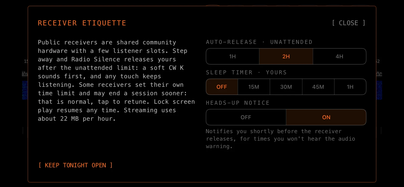 The receiver etiquette card over the tuner: a note on shared community receivers, an auto-release limit set to 2H, a sleep timer, and a heads-up notice toggle