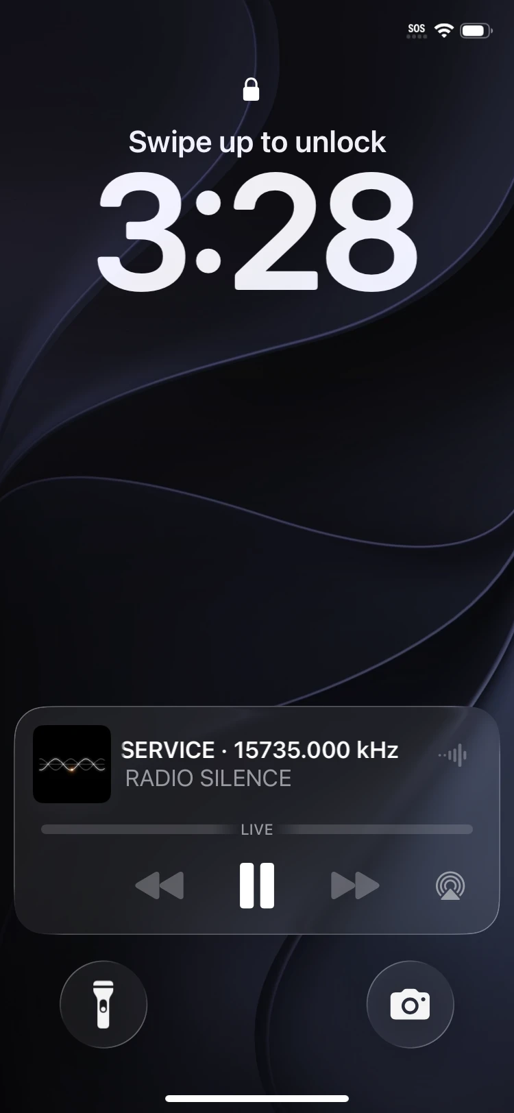 iPhone lock screen: the Radio Silence now-playing card showing the station, a LIVE progress bar, and playback controls