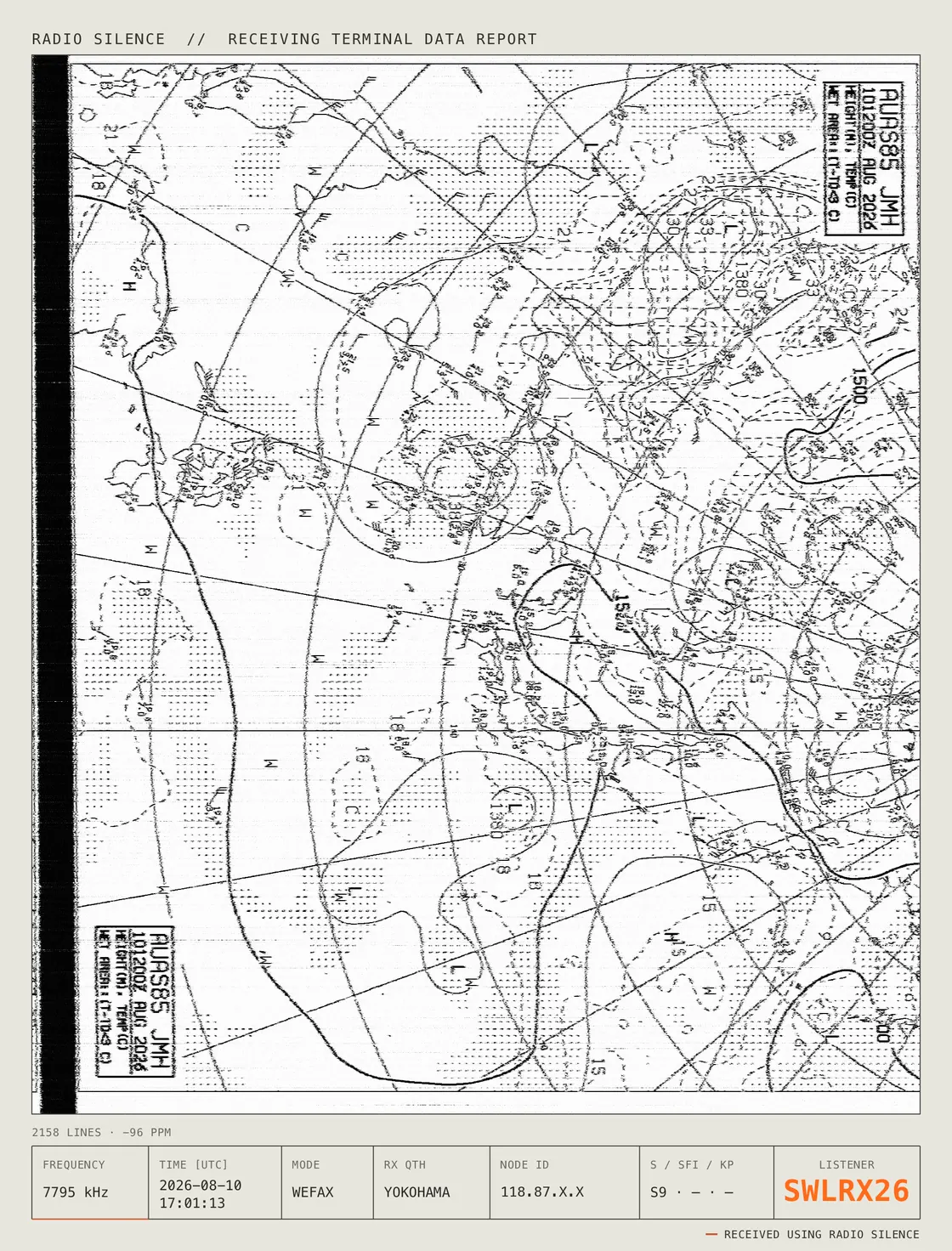 Receiving Terminal Data Report: a surface analysis chart received from JMH Tokyo on 7795 kHz, printed on a cream data card with its frequency, UTC time, mode, receiving node, and space weather listed along the foot